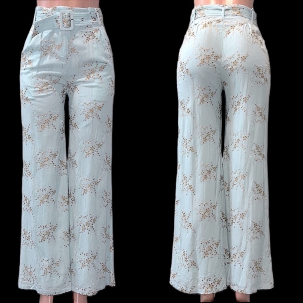 NWT BTFL-Life Bianca Eyelet Embroidered High Waist Paper Bag Pants Light Blue S